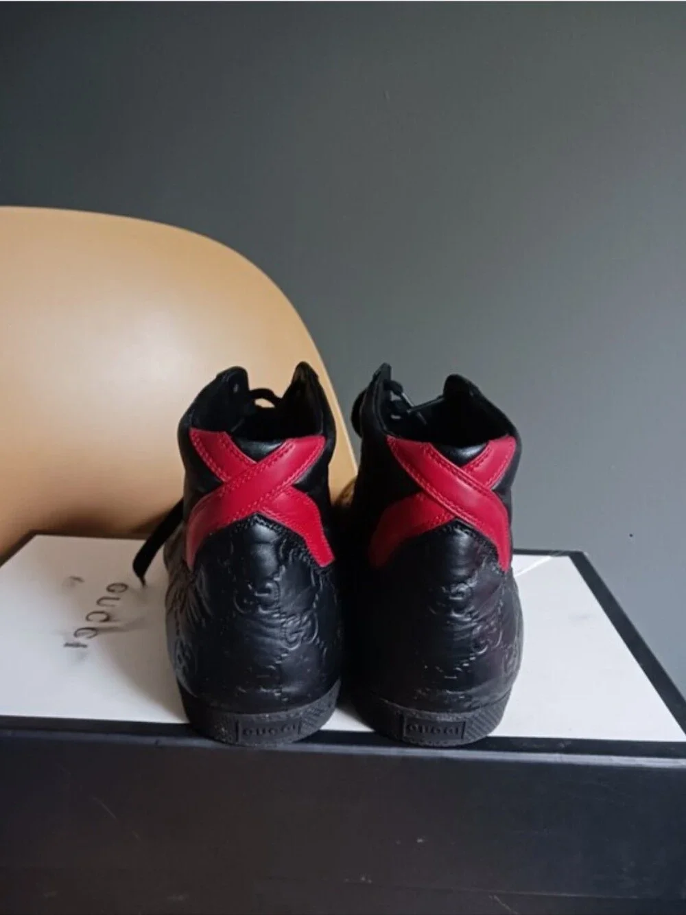 Gucci GG Black Leather High-Top Sneakers with Red Accent, Size 7